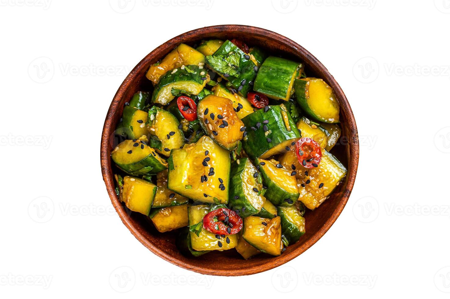 Pai huang gua Chinese Smashed Cucumber salad. Isolated on white background. photo