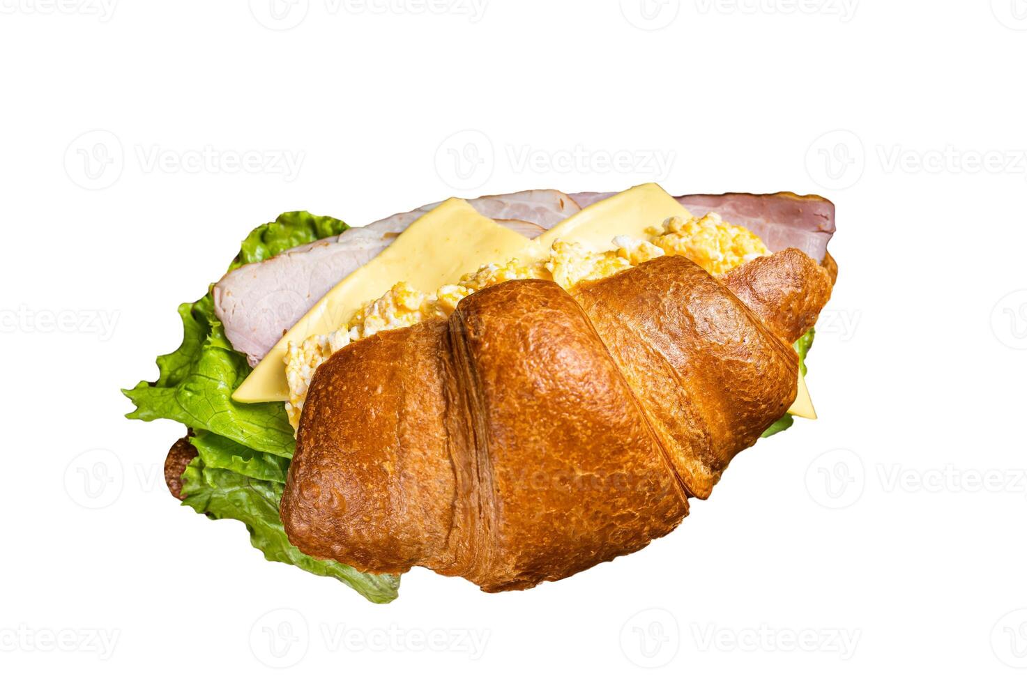 Croissant sandwich with egg cheese and green lettuce salad leaf, healthy breakfast. Isolated on white background. photo