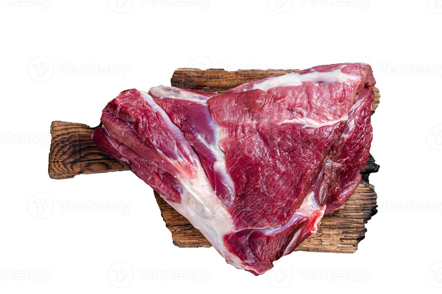 Raw lamb mutton thigh on butcher table. High quality Isolate, white background. photo