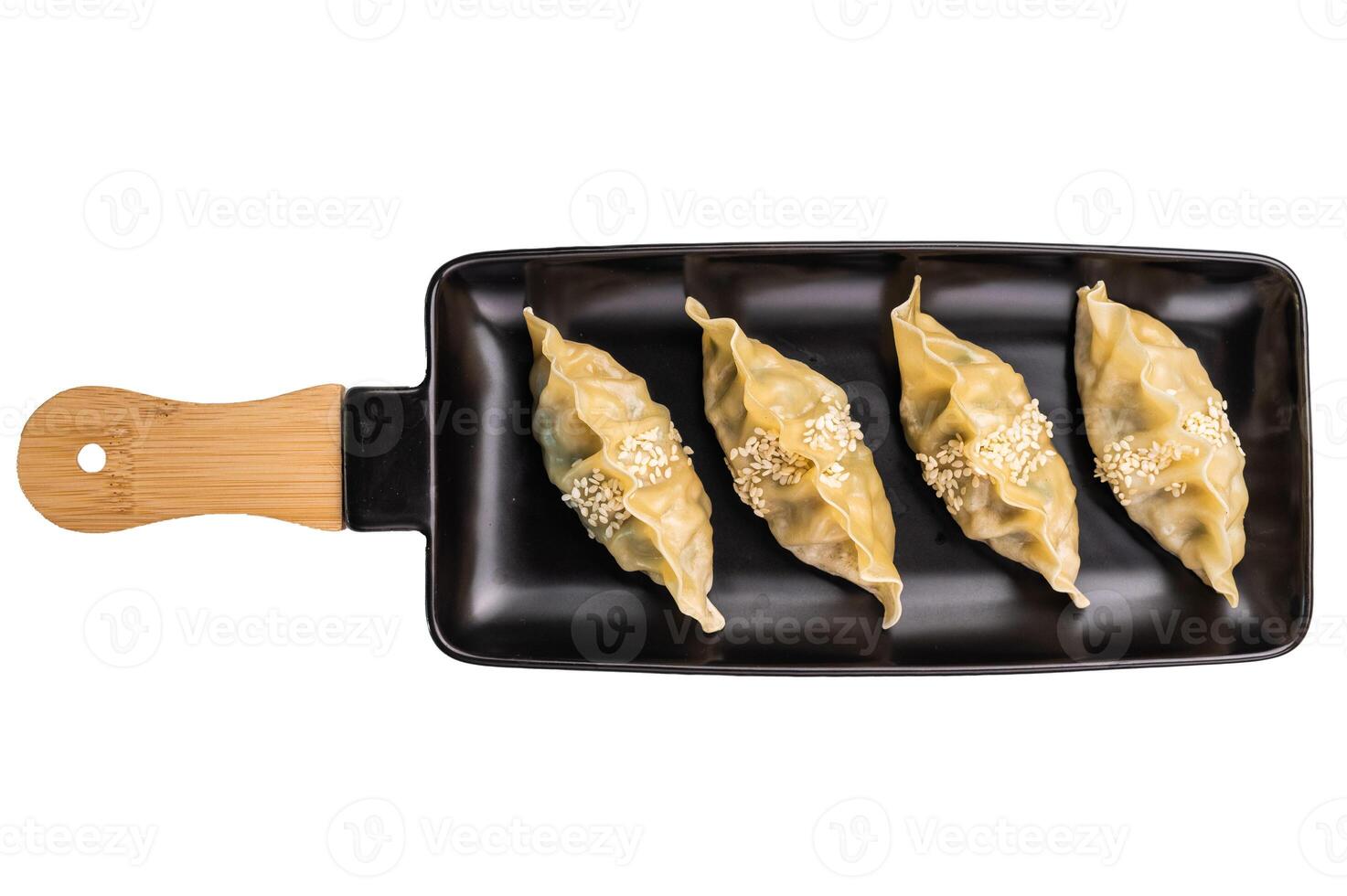 Steamed Chinese Jiaozi Dumplings with pork meat and vegetables isolated on white background. top view photo