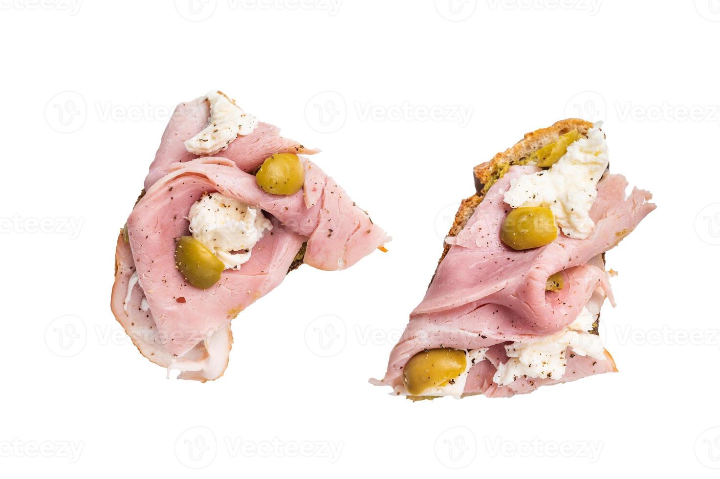 Bruschetta with Prosciutto Cotto ham, burrata mozzarella and olives isolated on white background. top view photo