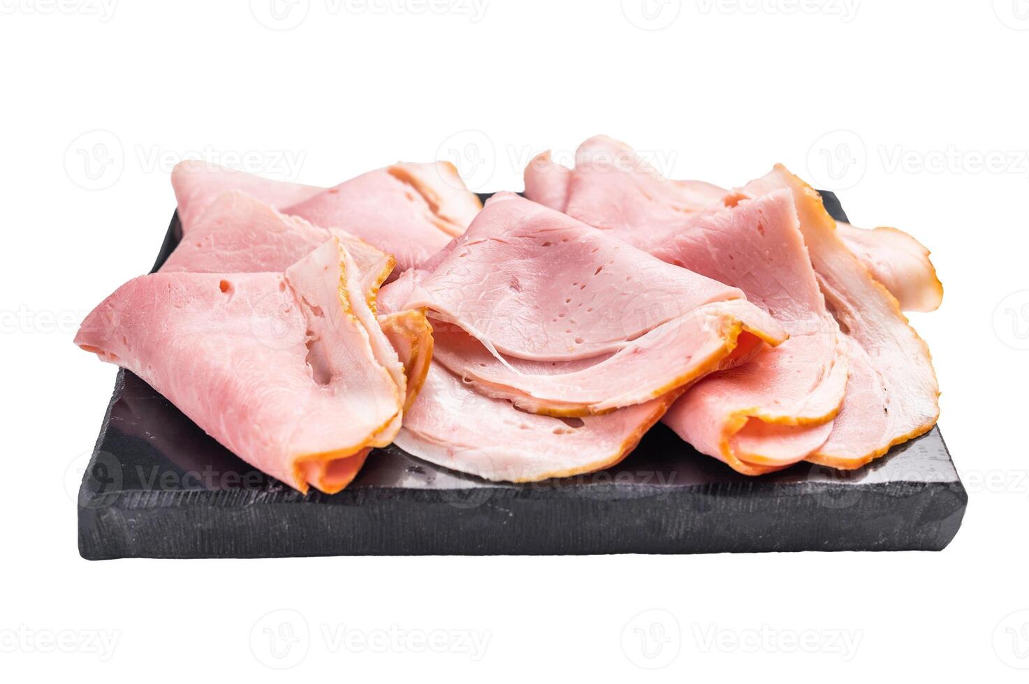 Thinly Sliced Pork Ham Prosciutto Cotto isolated on white background. top view photo