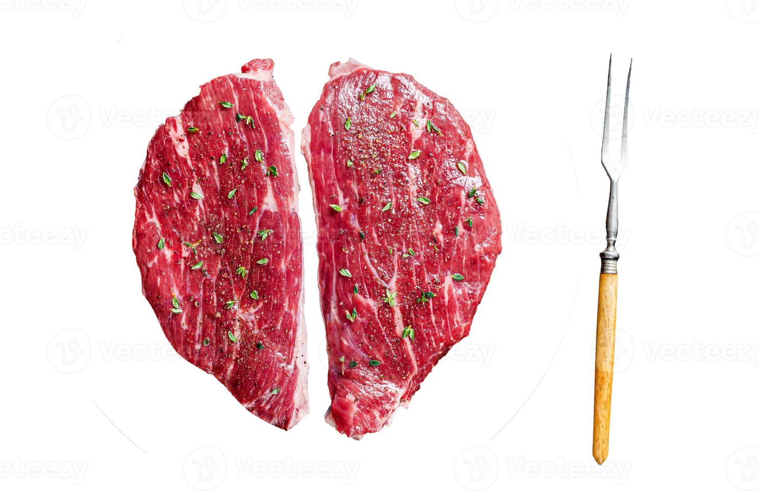 Raw rump cap steak or top sirloin steak in rustic plate with thyme and olive oil. Isolated on white background. photo