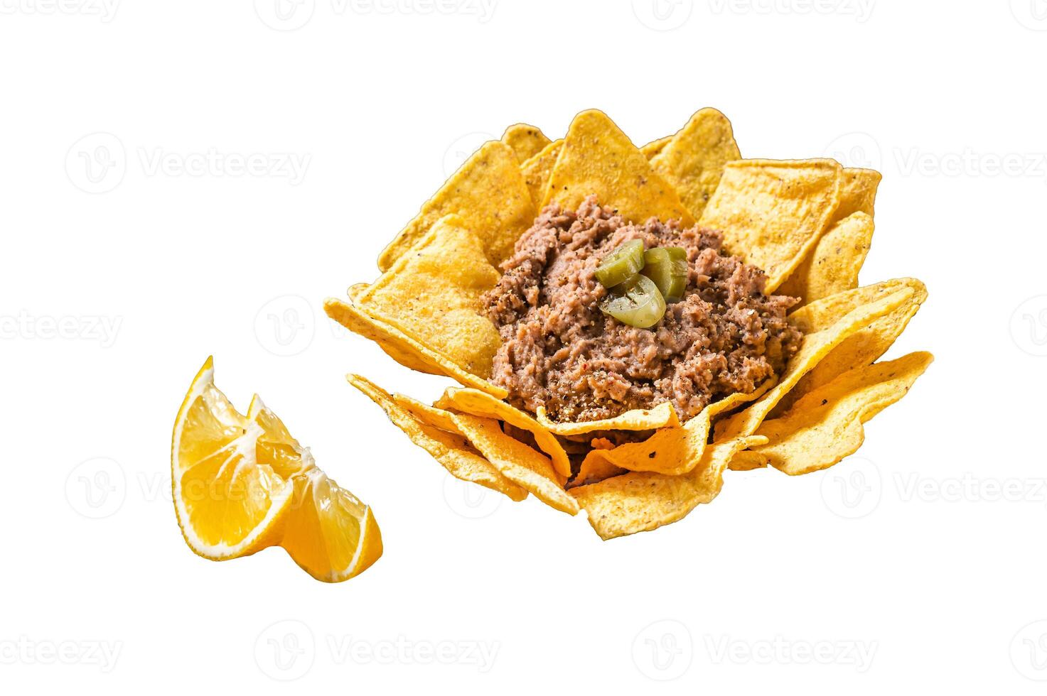Mexican Baked nachos with chili con carne in a skillet. Isolated, white background. photo