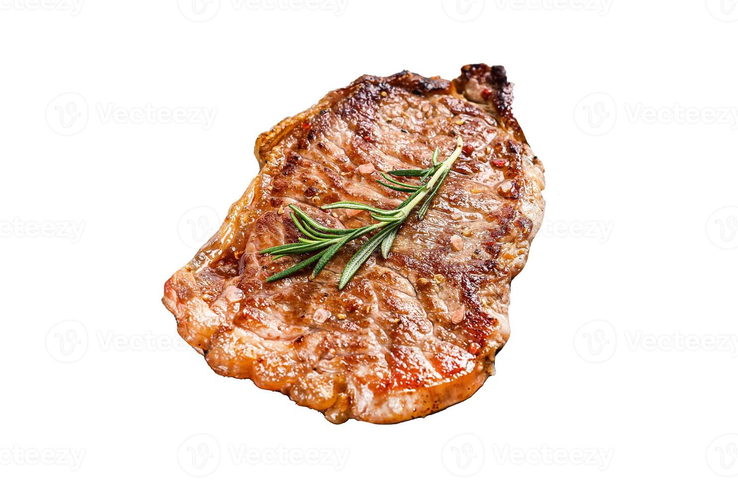 BBQ Strip New York steak or striploin. Isolated on white background. Top view. photo