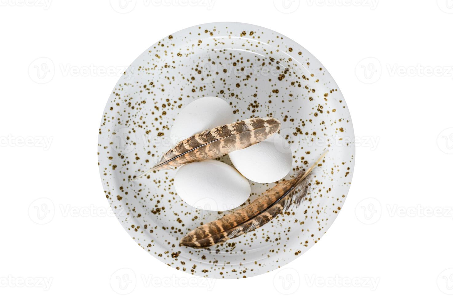 White background with white eggs and feathers. Isolate, white background. photo