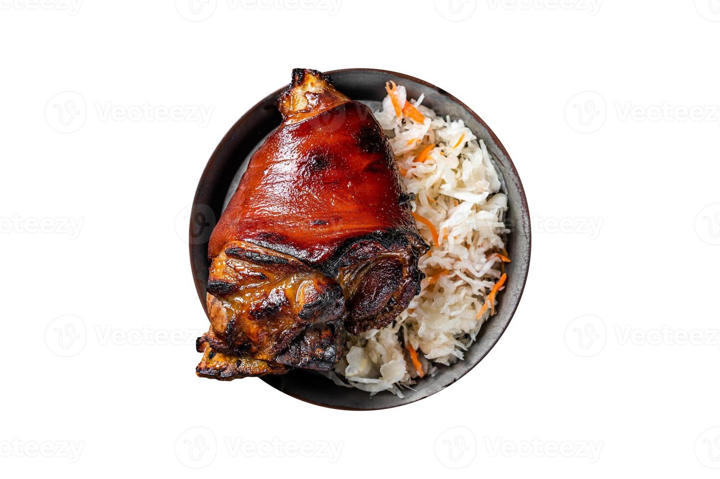 Traditional German cuisine Roasted pork knuckle Schweinshaxe with Sauerkraut. Isolated on white background. photo