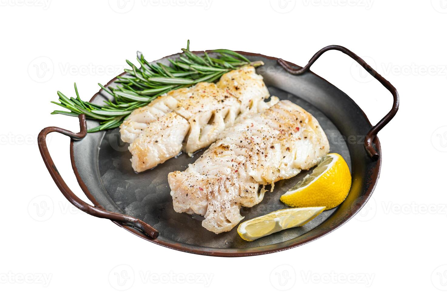 Roast Fillets of codfish, cooked cod fish meat. Isolated, white background. photo