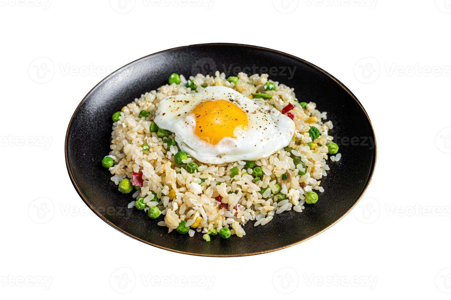 Fried rice with chicken, egg and vegetables in a plate. Isolated on white background. photo