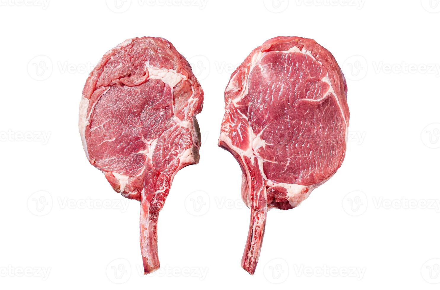 Raw Tomahawk beef veal steak Isolated on white background, top view. photo