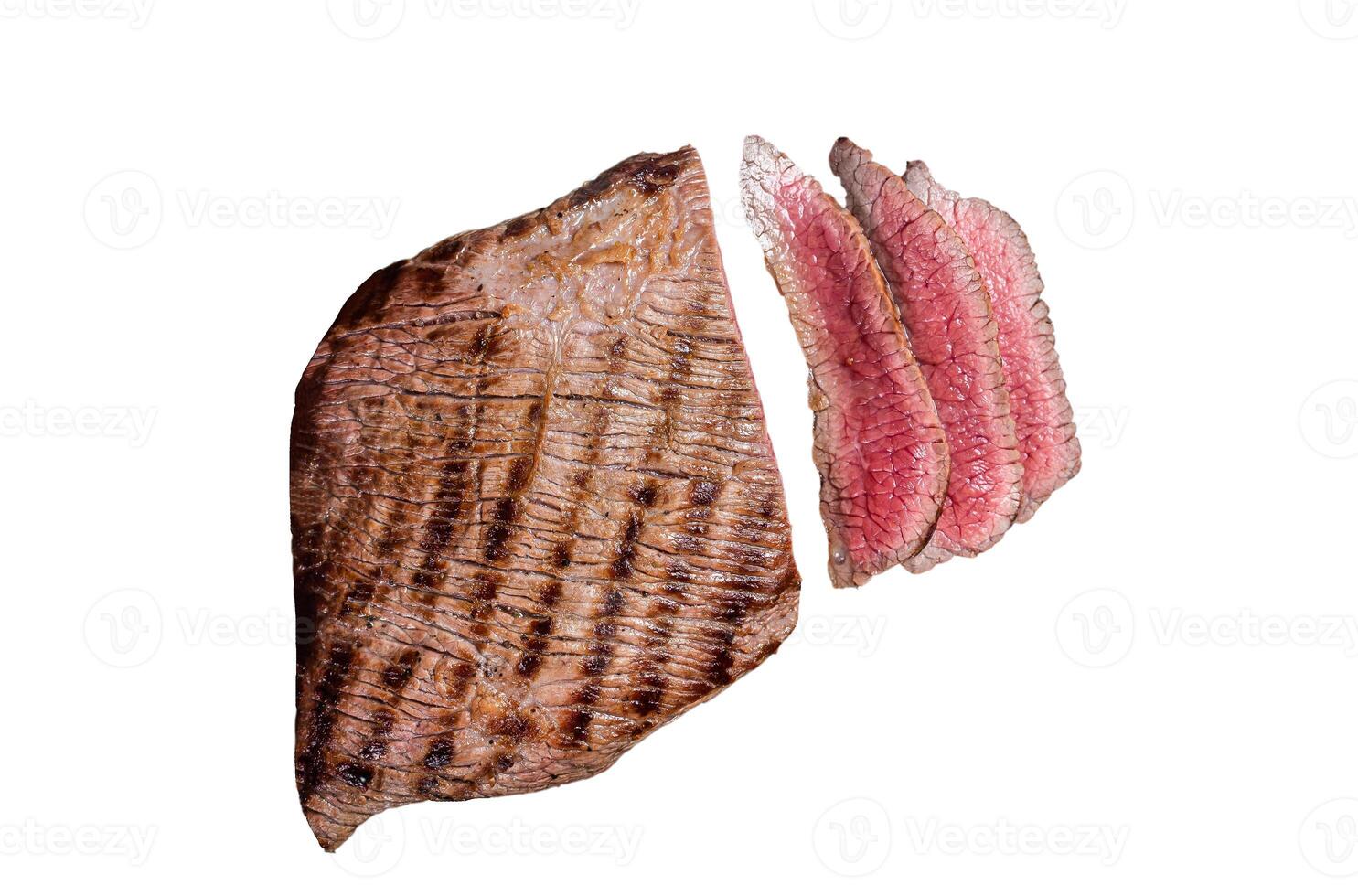 Grilled Flank Steak BBQ on a marble board. Isolated on white background photo