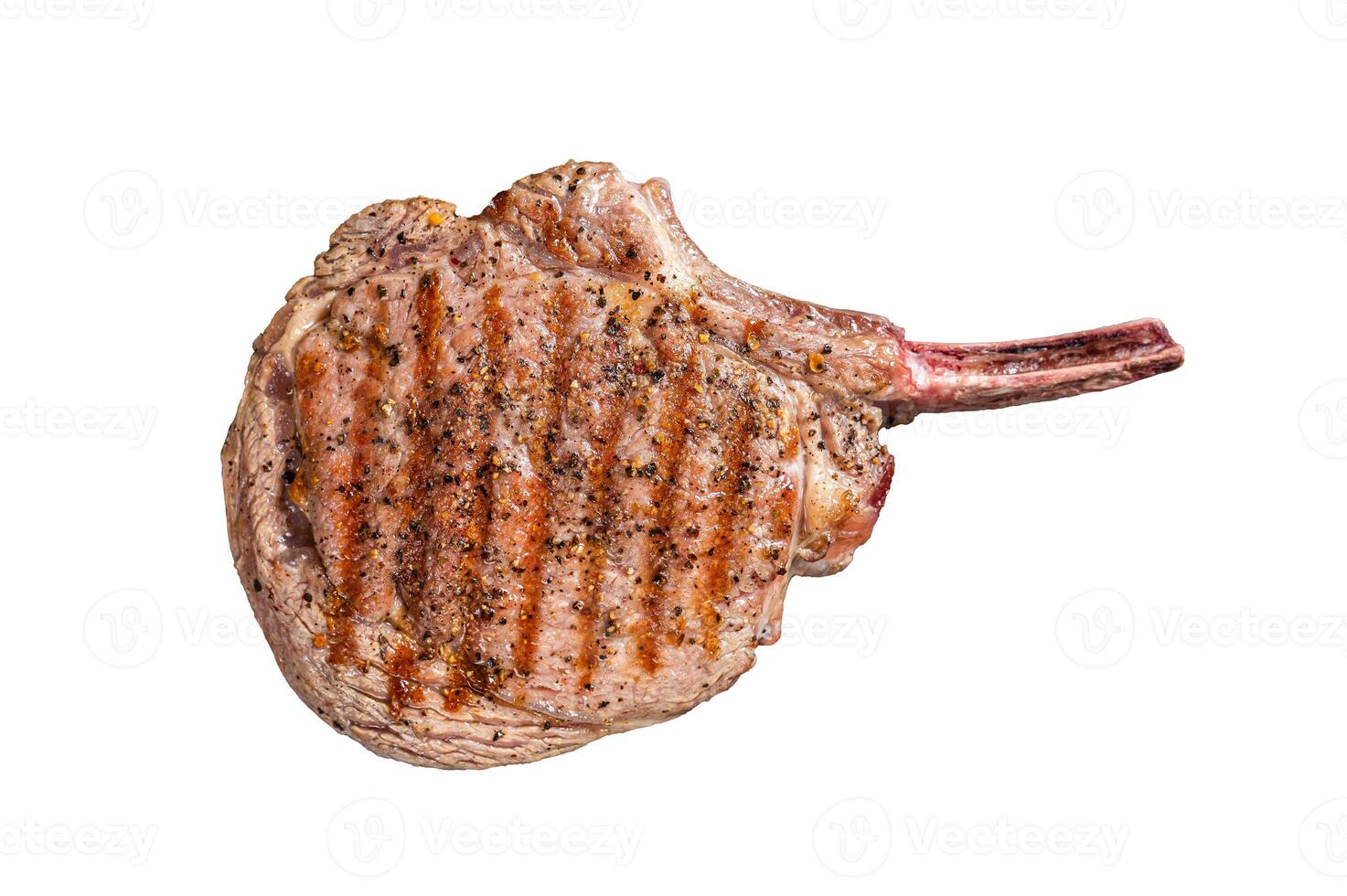 BBQ Grilled Tomahawk beef veal steak on butcher table. Isolated on white background. photo