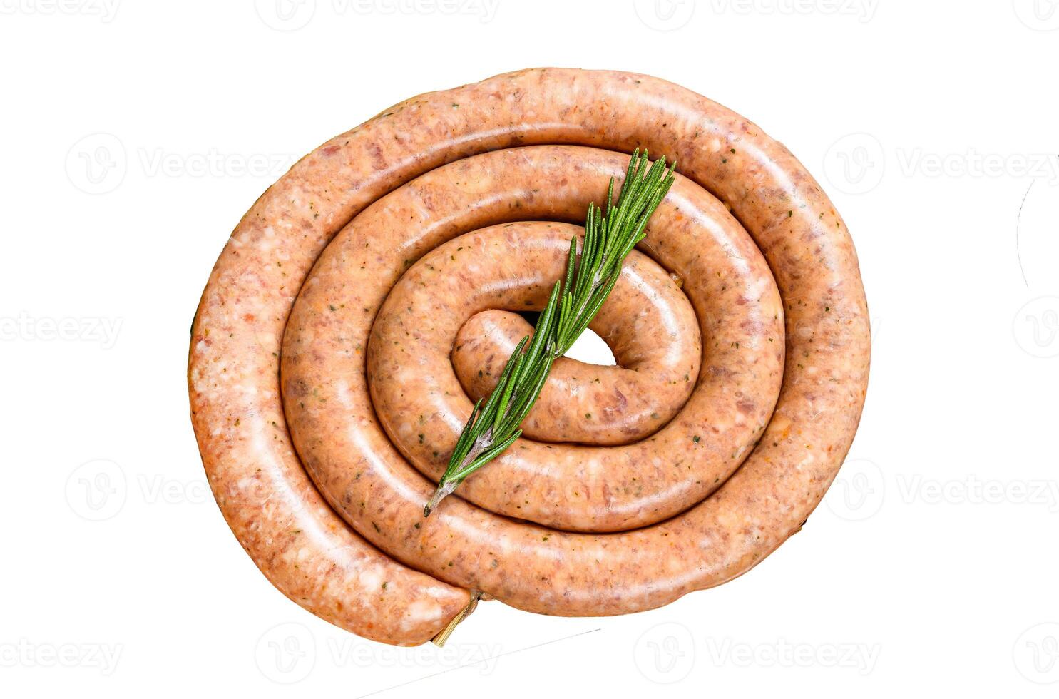Raw spiral barbecue sausage from pork and beef ground meat. Isolated on white background, Top view. photo