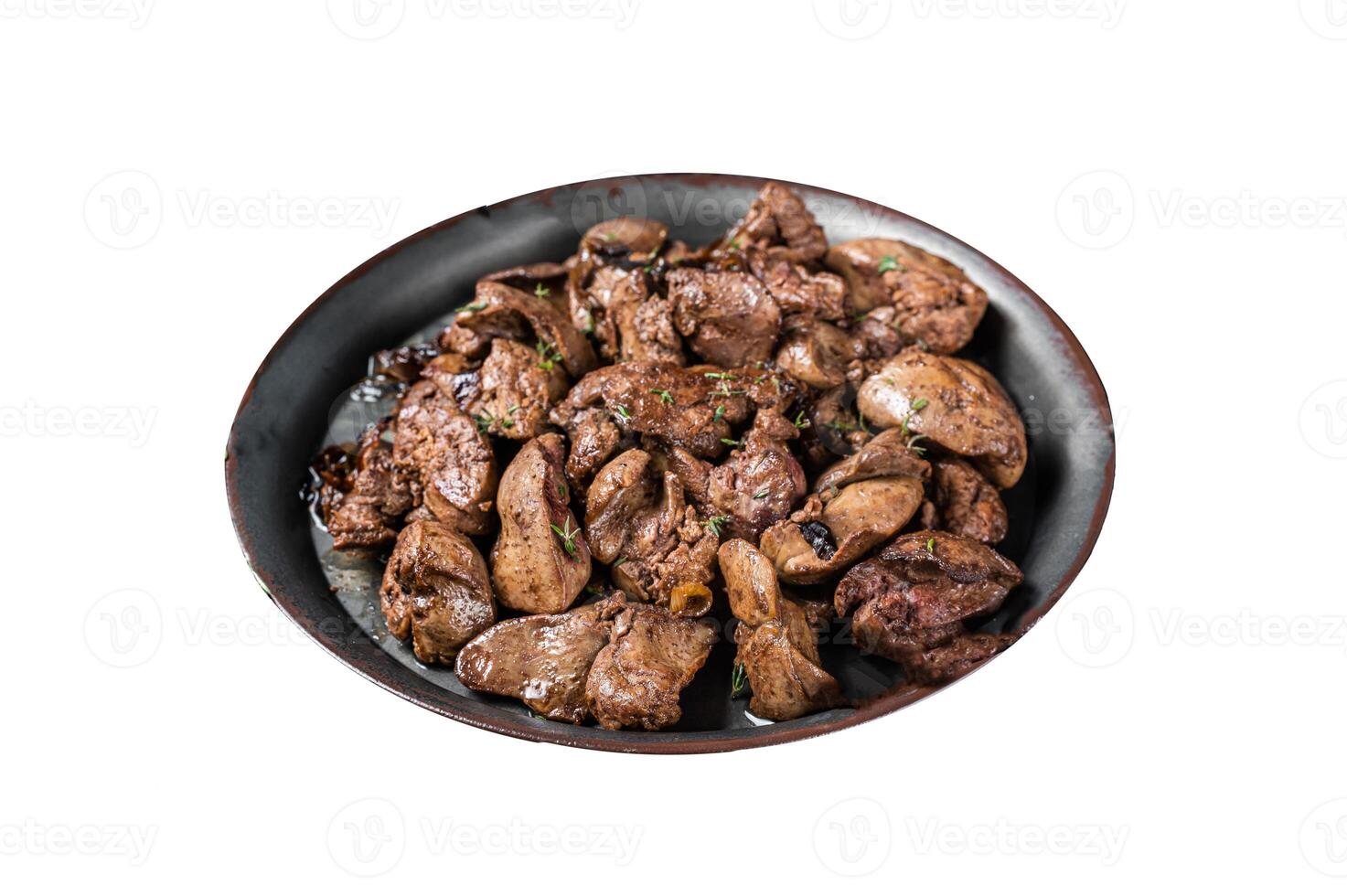 Fried chicken liver with onions and herbs. Isolated on white background. Top view. photo