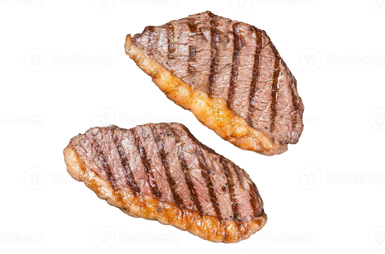 BBQ Grilled top sirloin steak, cup rump beef meat steak in a steel tray. Isolated, white background. photo