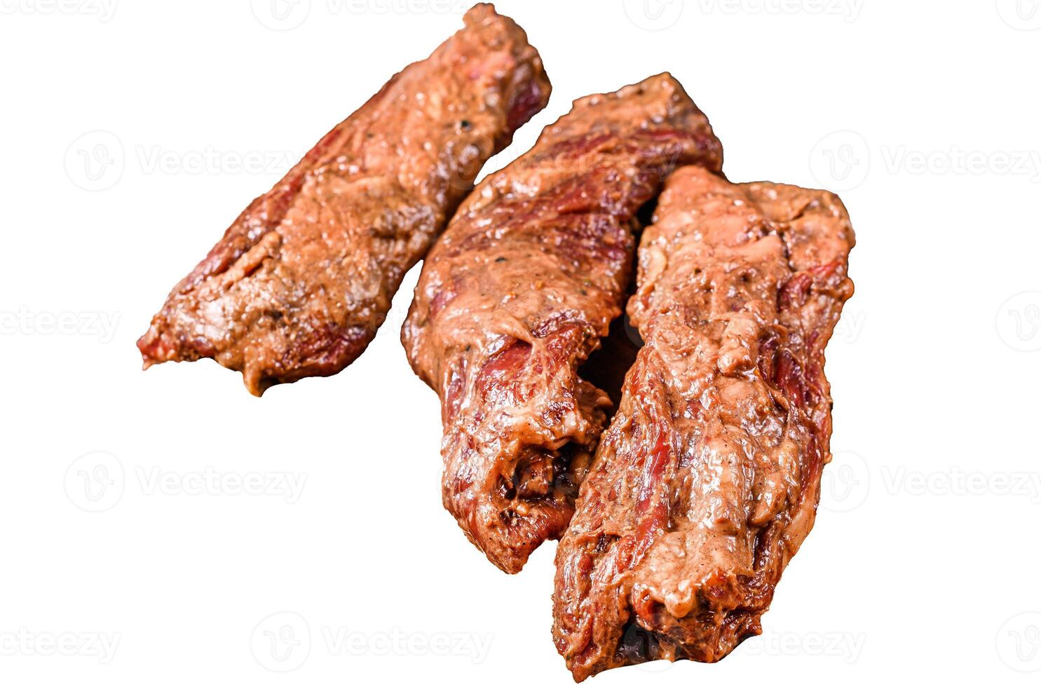 Raw Marinated skirt steaks in bbq sauce on a wooden cutting board with herbs. Isolated on white background, top view. photo