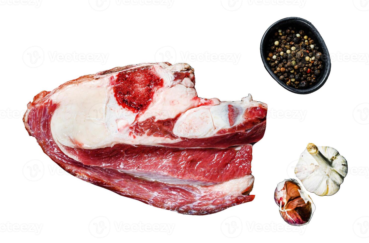 Raw veal shank Isolated on white background. Top view. photo