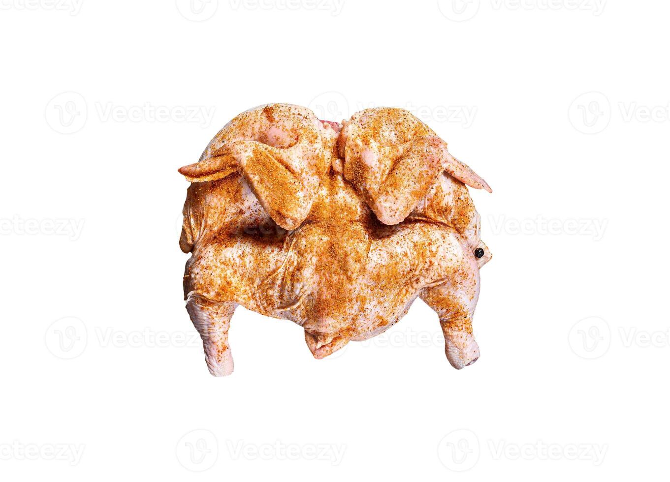Raw tabaka chicken in pan. Isolated on white background. photo