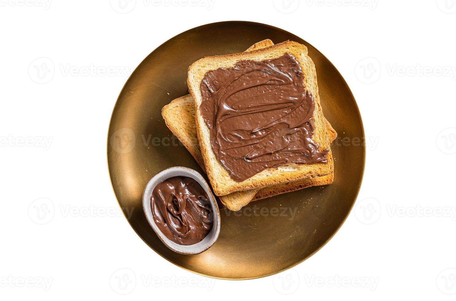 Stack of Toasts with chocolate Hazelnut cream in plate. Isolated on white background. photo