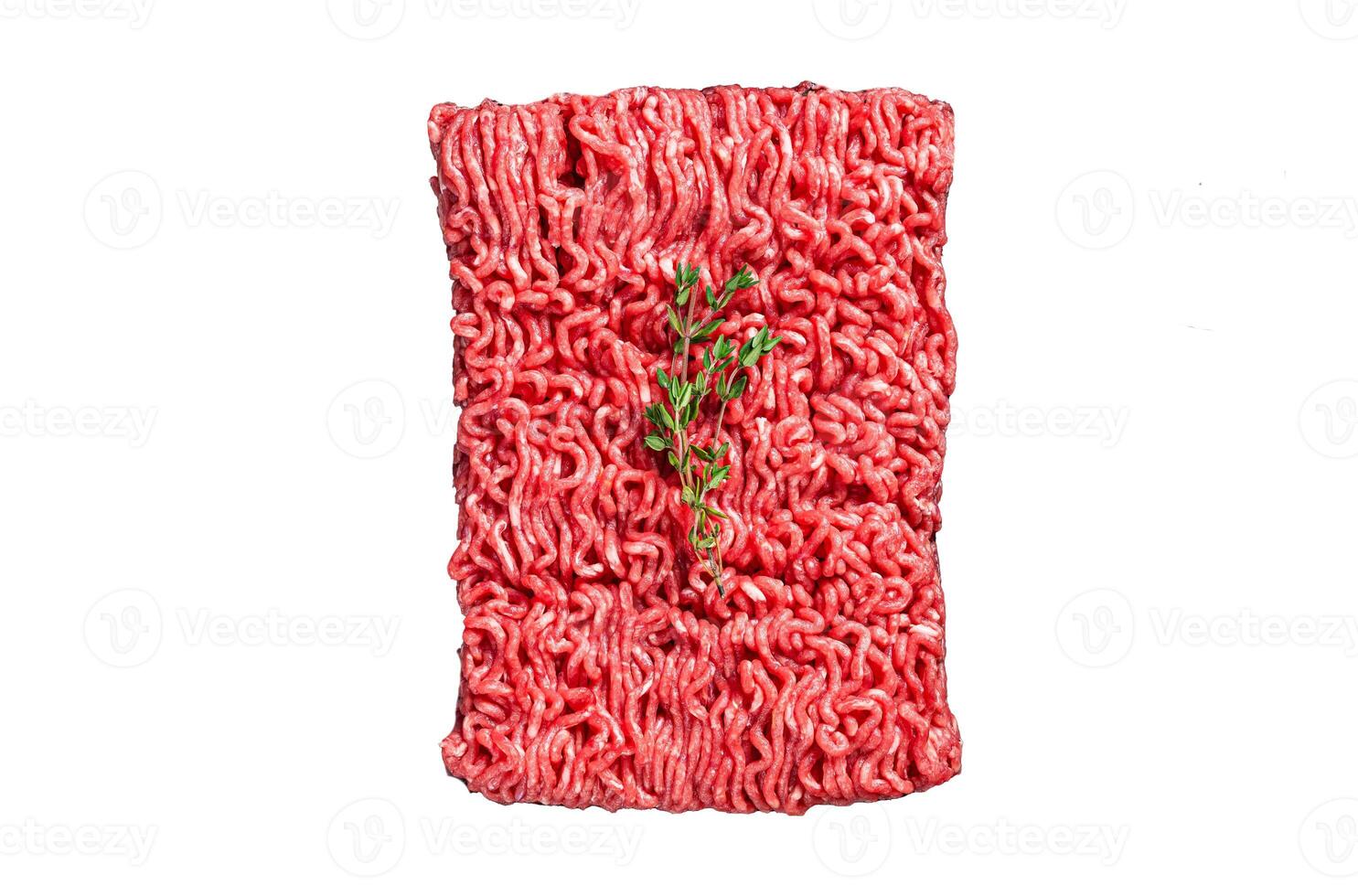 Raw mince ground beef and pork meat Isolated on white background, top view. photo