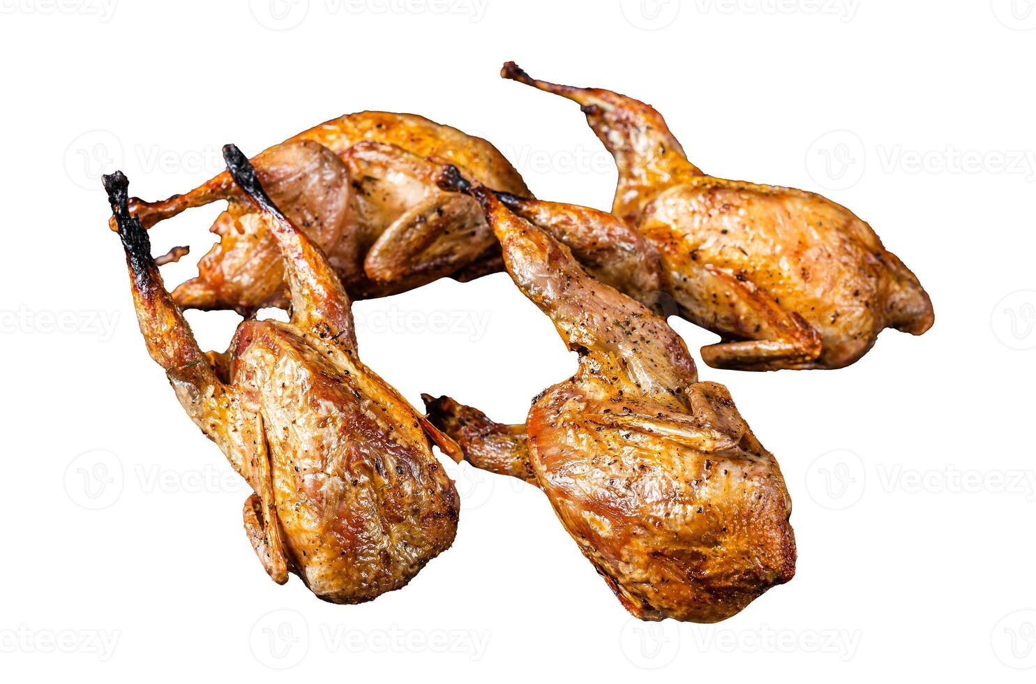 Grilled whole quails with herbs and spices. Isolated, white background. photo