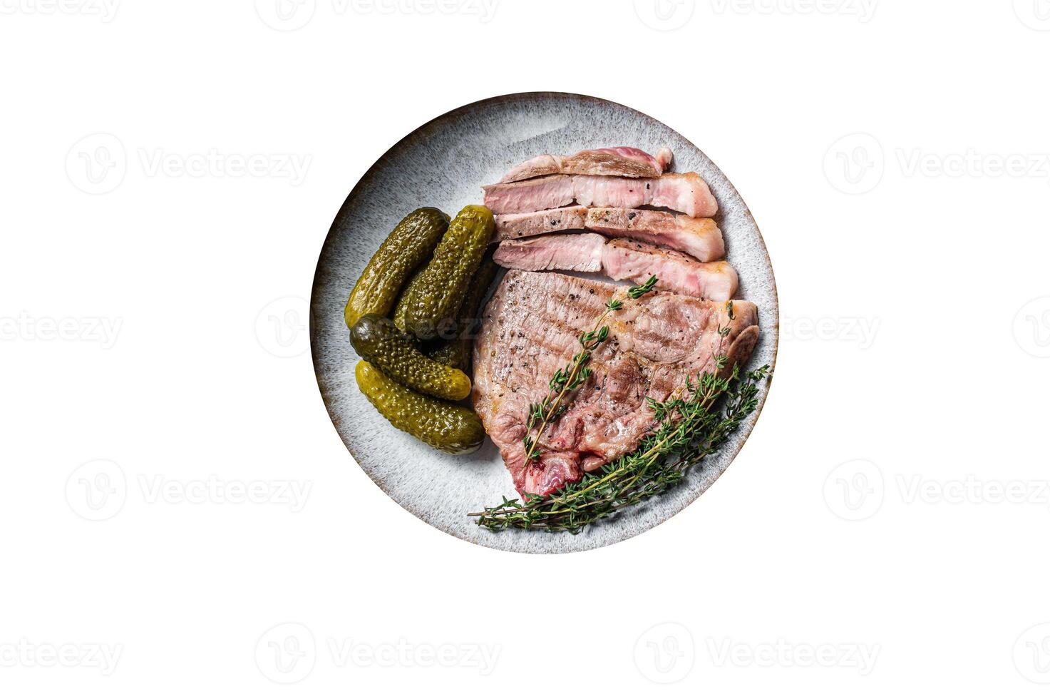 Barbecue dinner - Pork steaks from neck meat in plate with hebs. High quality Isolate, white background. photo