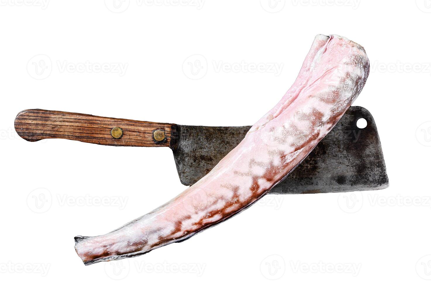 Raw king klip, congrio fish on a cleaver Isolated on white background. Top view. photo
