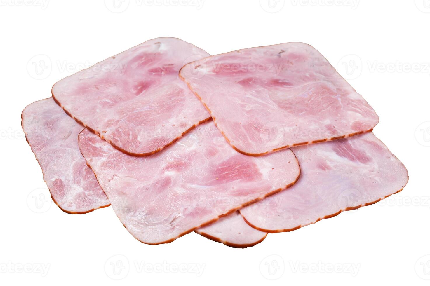 Square Slices of pork ham on wooden table. Isolated, white background. photo