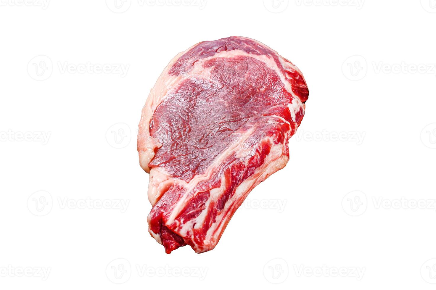 Ribeye steak. Raw Marble beef black Angus, rib eye. Isolated on white background. Top view. photo