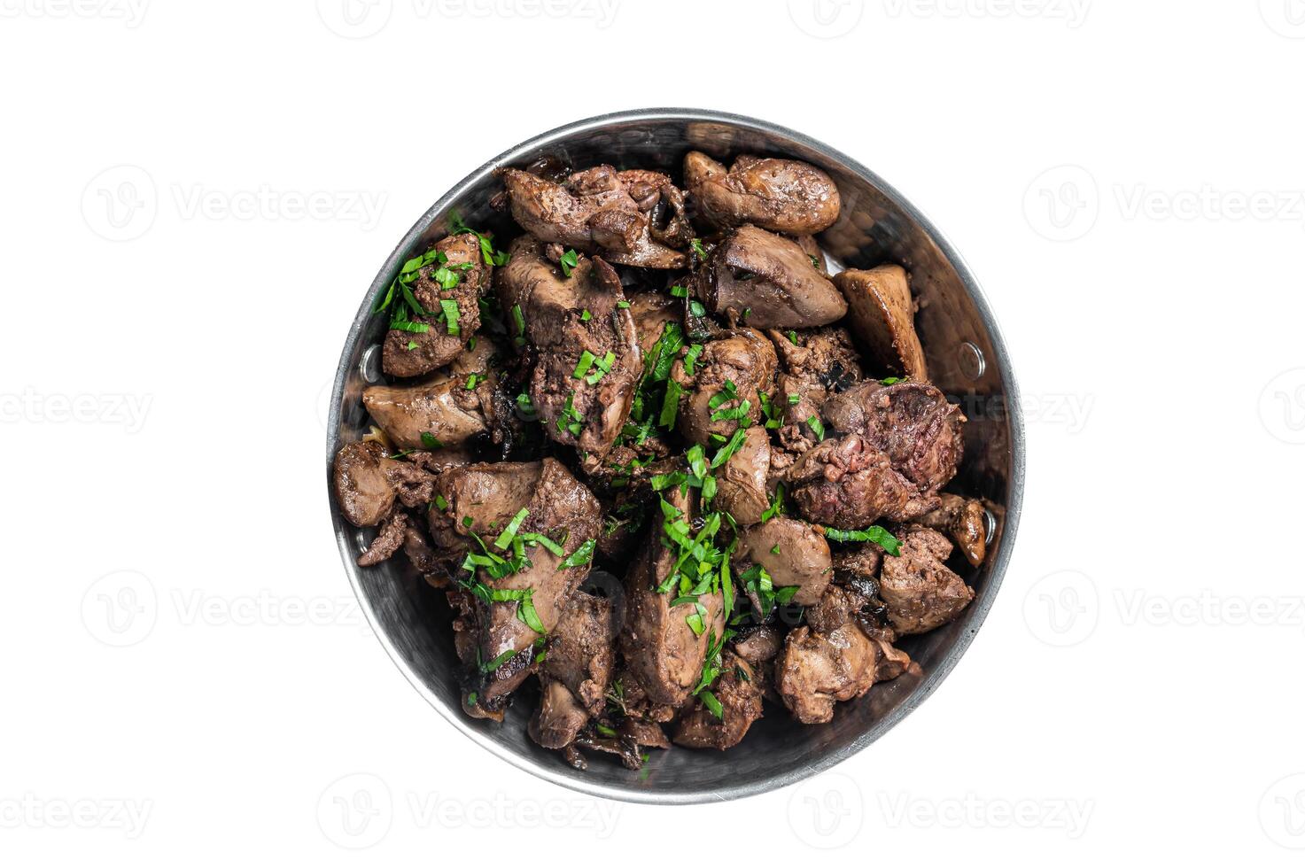 Chicken liver stew with onions and parsley in a skillet. Isolated on white background. photo