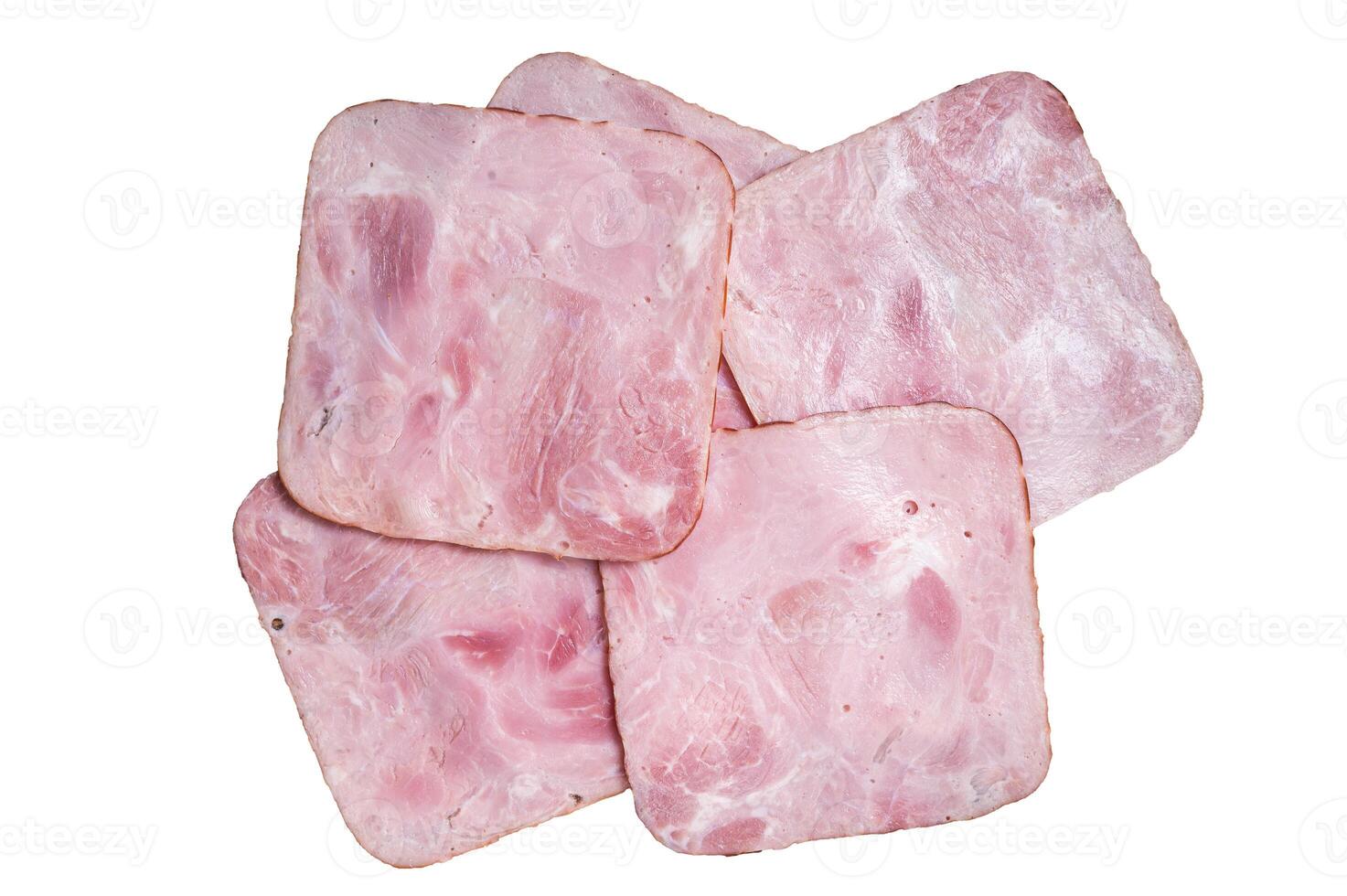 Square Slices of pork ham on wooden table. Isolated on white background photo
