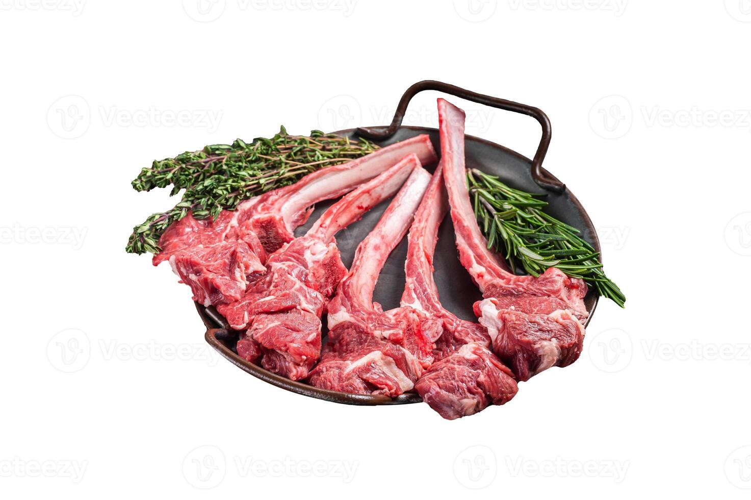 Fresh Raw Lamb chop steak in steel tray with herbs. Isolated on white background. Top view. photo