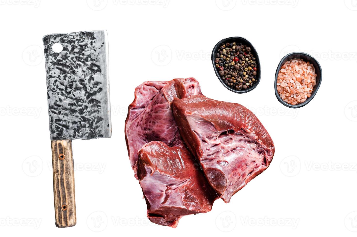 Raw sliced Beef or veal heart on a cutting board with meat cleaver. Isolated, white background. photo