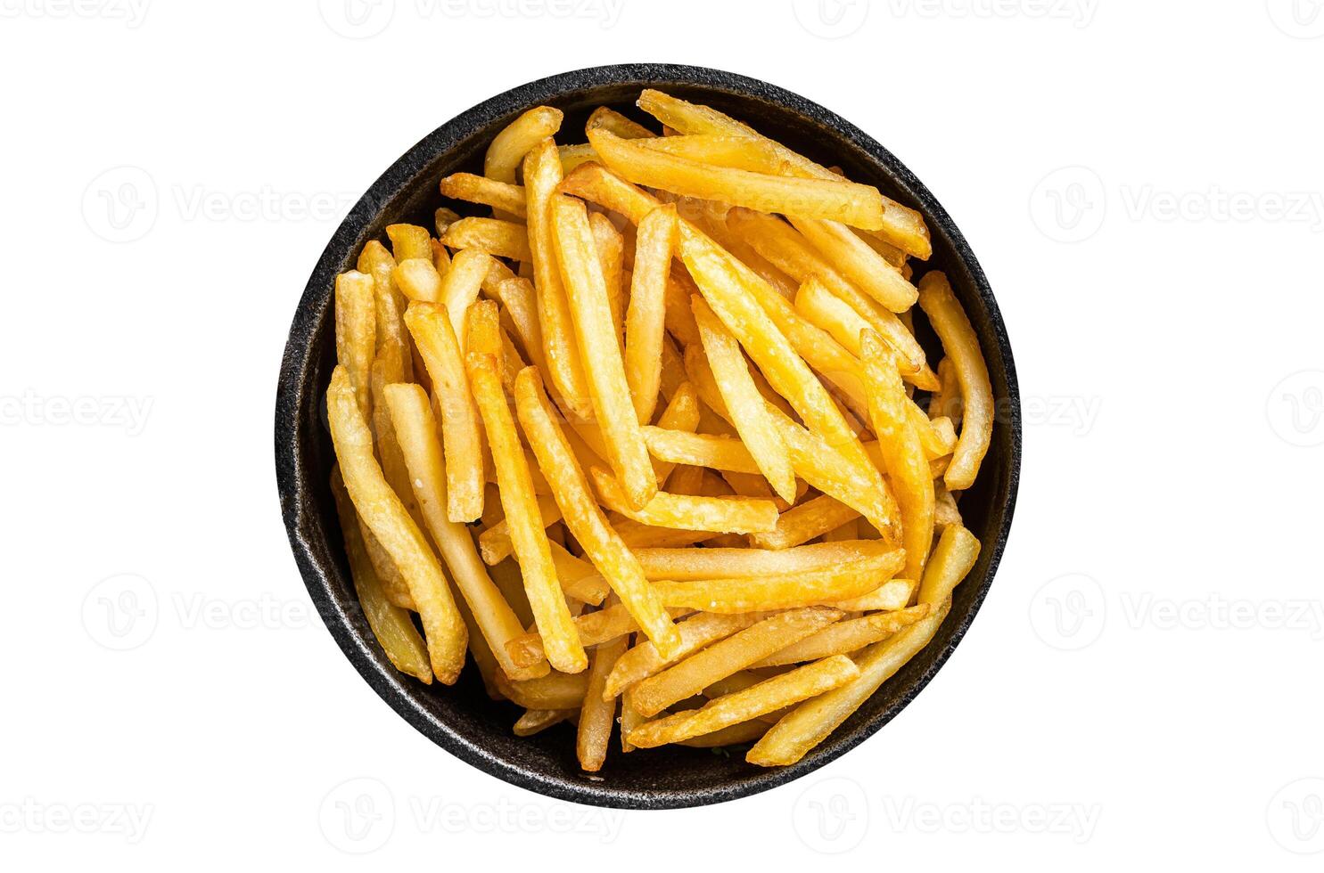 Skilet full of Potato french fries with salt. Isolated on white background. photo