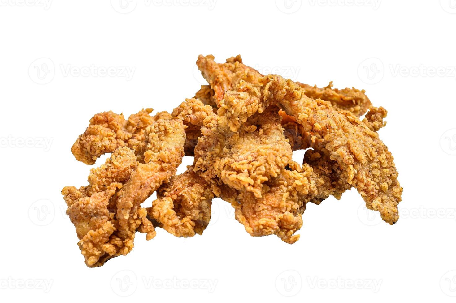 Crispy fried breaded chicken breast strips. Isolated on white background. photo