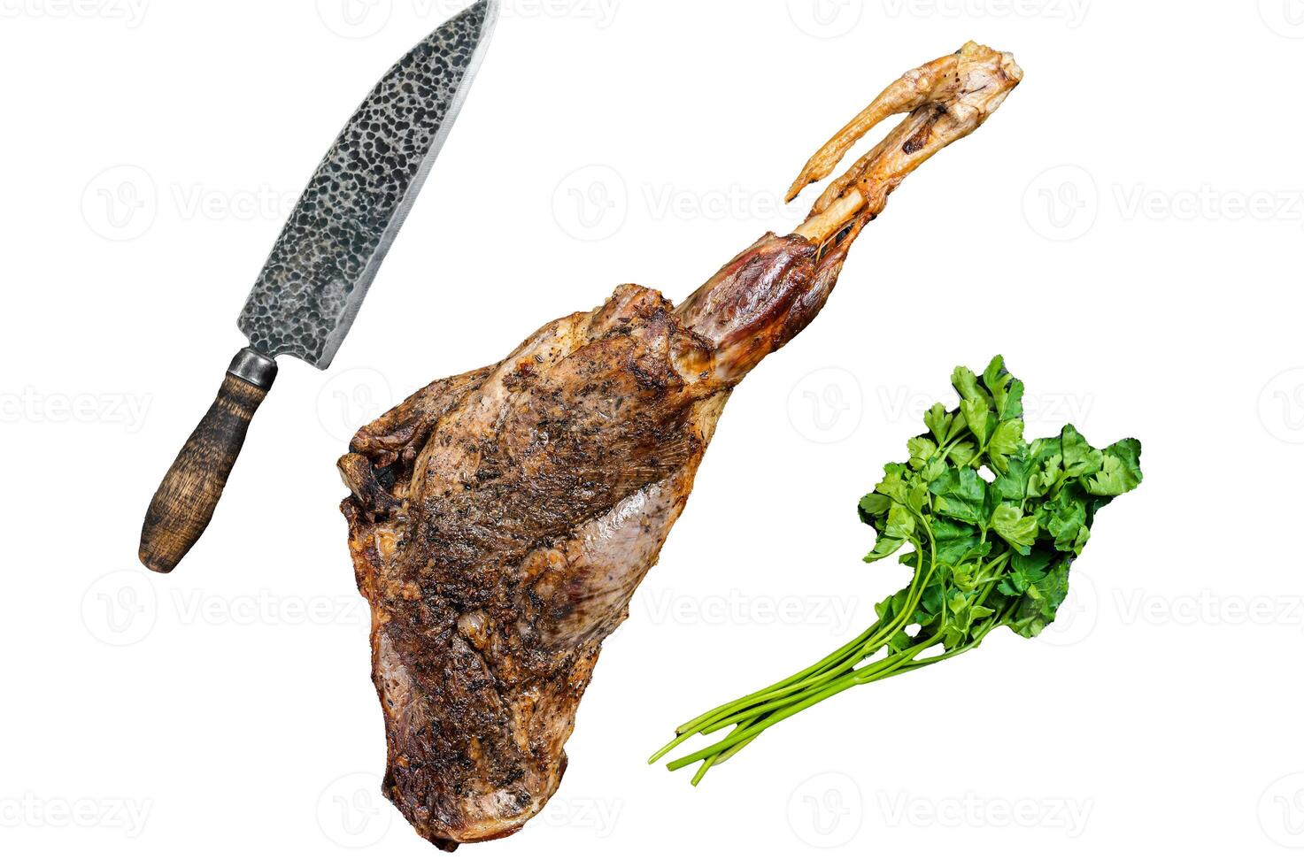 BBQ Roasted lamb mutton leg with herbs and spices on a grill. Isolated, white background. photo