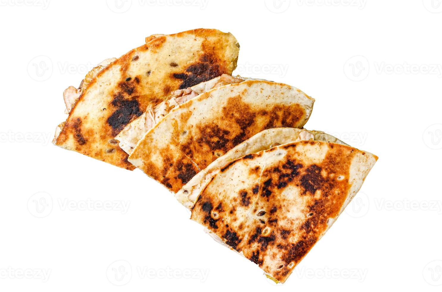 Mexican quesadilla with chicken, paprika, cheese and cilantro Isolated on white background, top view. photo