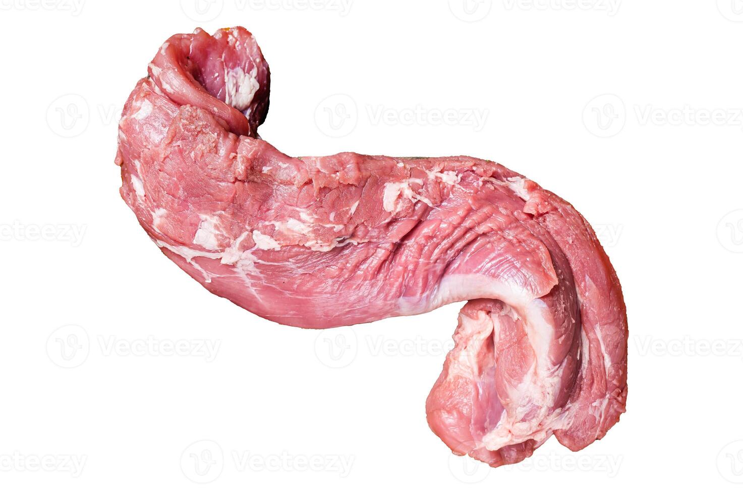 Fresh Raw pork tenderloin fillet meat on a wooden board with thyme. Isolated, white background. photo