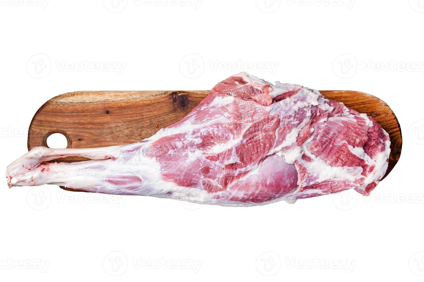 Mutton meat. Raw whole lamb leg thigh on butcher board. Isolated, white background. photo