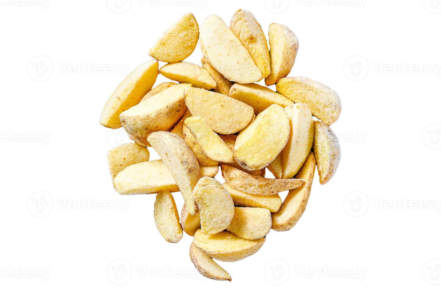 frozen potato wedges. French fries Isolated on white background. Top view. photo