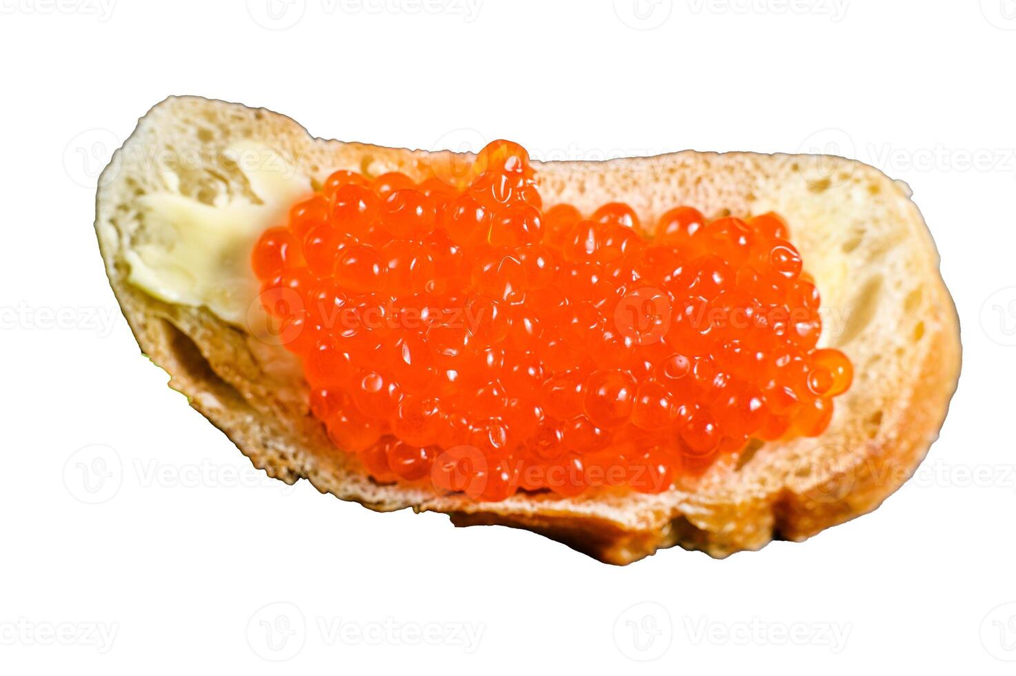 Red caviar in bowl and Sandwiches on stone board. Isolated on white background. photo