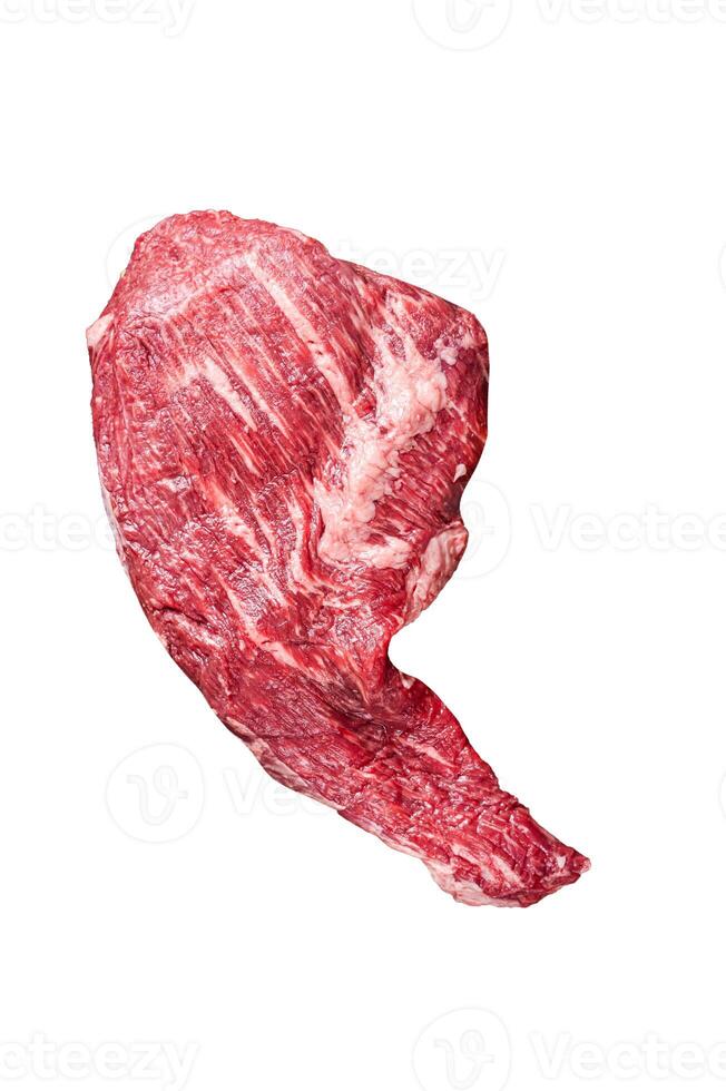 Tri Tip black angus beef steak on cutting board with herbs, raw meat. Isolated, white background. photo