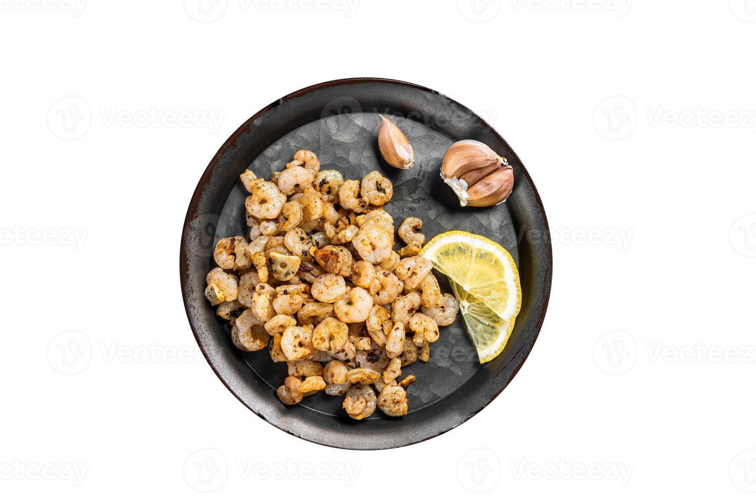 Grilled Shrimps prawns with garlic, olive oil and lemon in a tray. Isolated on white background. photo