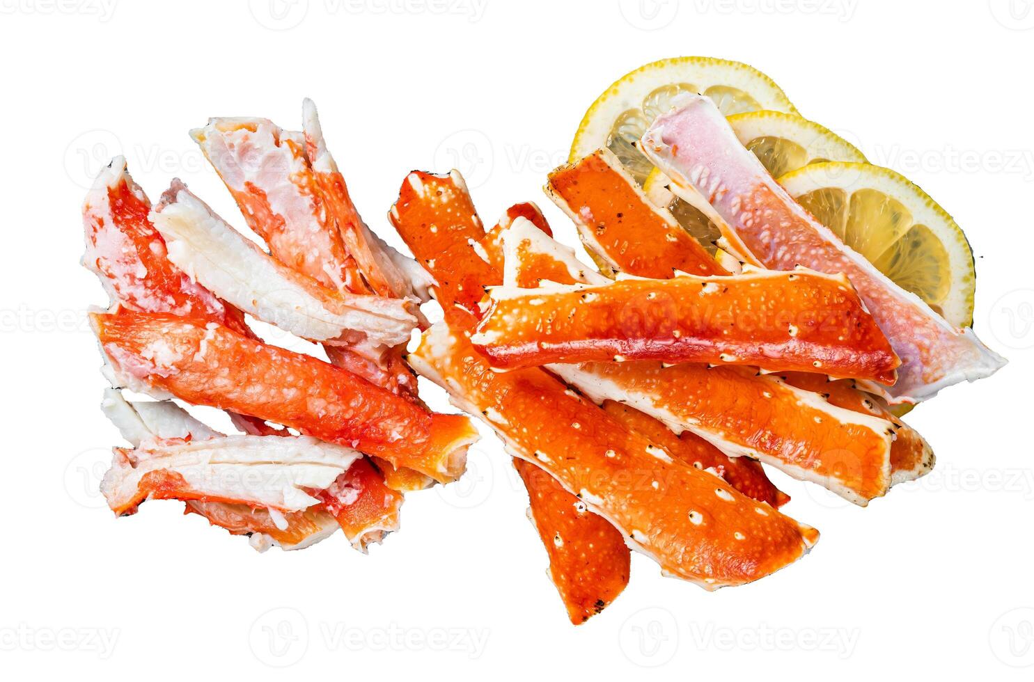 Cooked King Crab legs meat Isolated on white background, top view. photo
