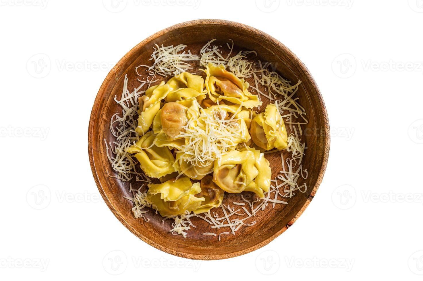 Italian ravioli Pasta with Mozzarella cheese and Tomato in wooden plate. Isolated on white background. photo