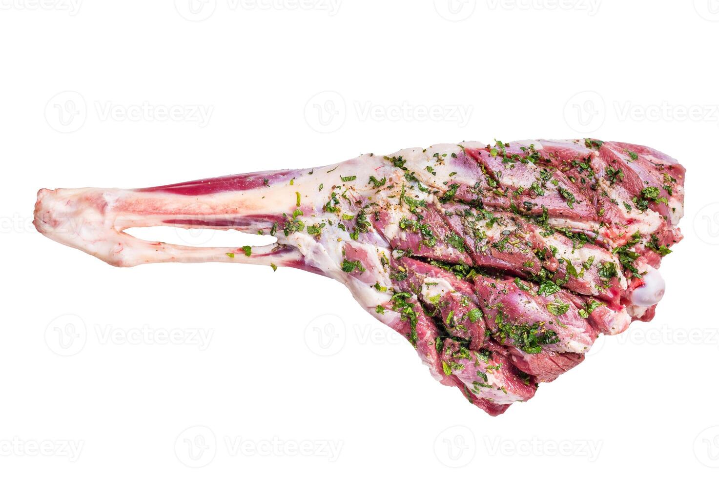 Marinated with herbs and olive oil raw lamb leg isolated on white background. top view photo