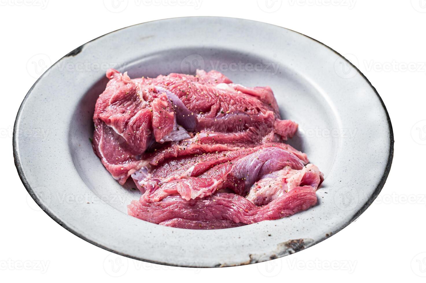 Pieces of raw turkey thigh, Poultry fresh meat. Isolated on white background. Top view. photo