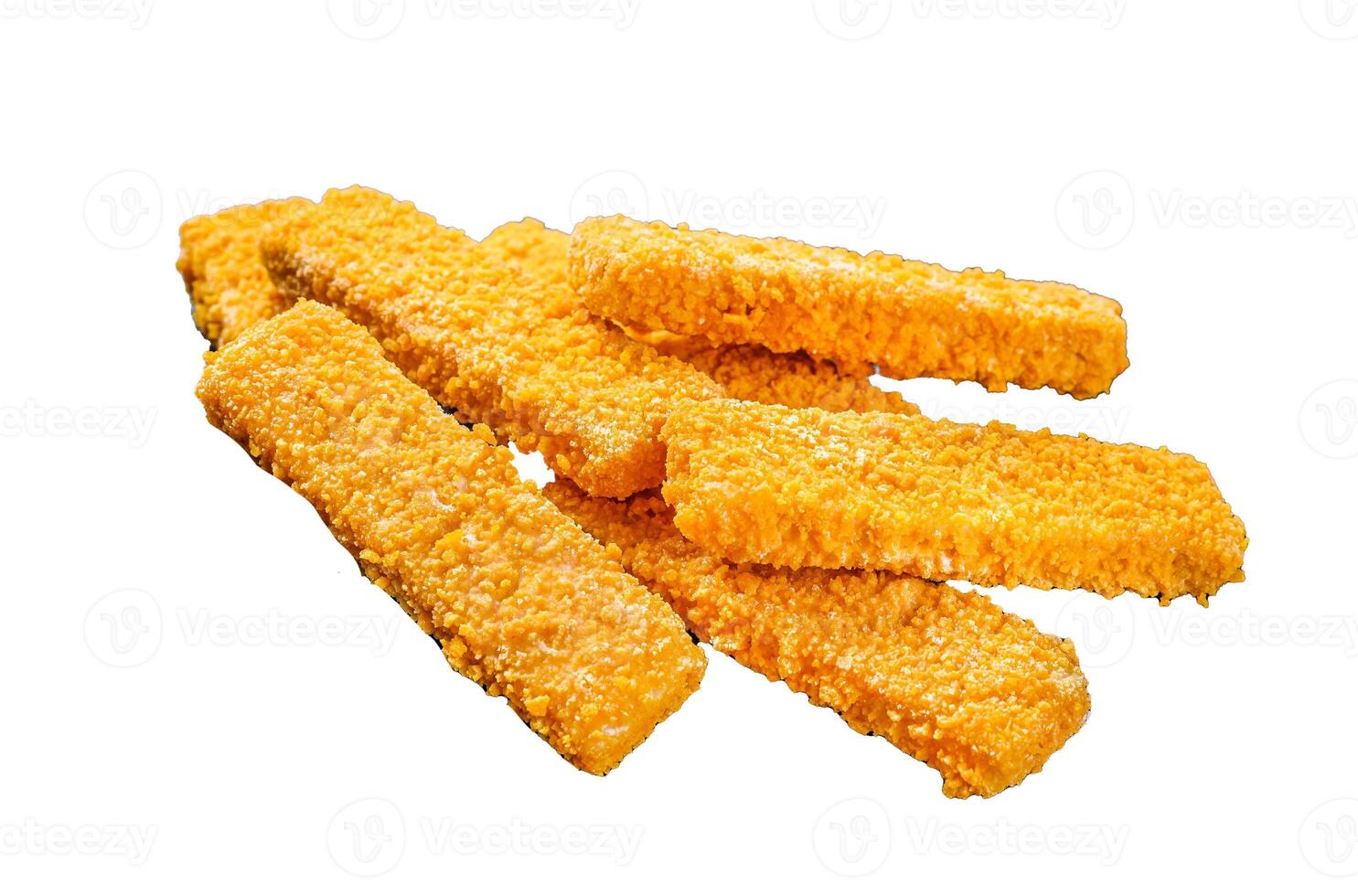 Frozen bread crumbed fish fingers. Isolated on white background. Top view. photo