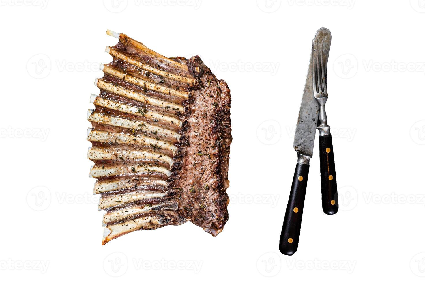 BBQ Grilled rack of Lamb mutton Ribs Chops Isolated on white background, top view. photo