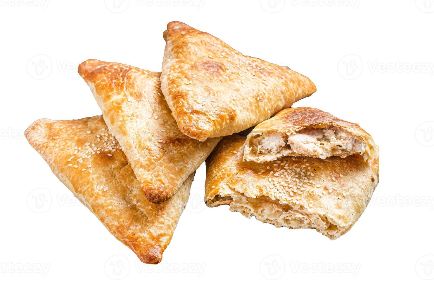 Baked samosa with chicken and cheese, samsa pies. Isolated, white background. photo